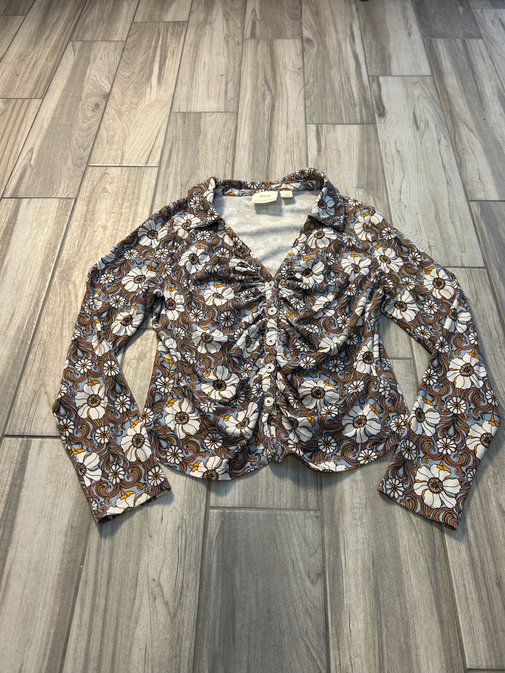 Floral Ruched Button-Front Top Brown Cream Blue XL Long Sleeve Hippie Boho